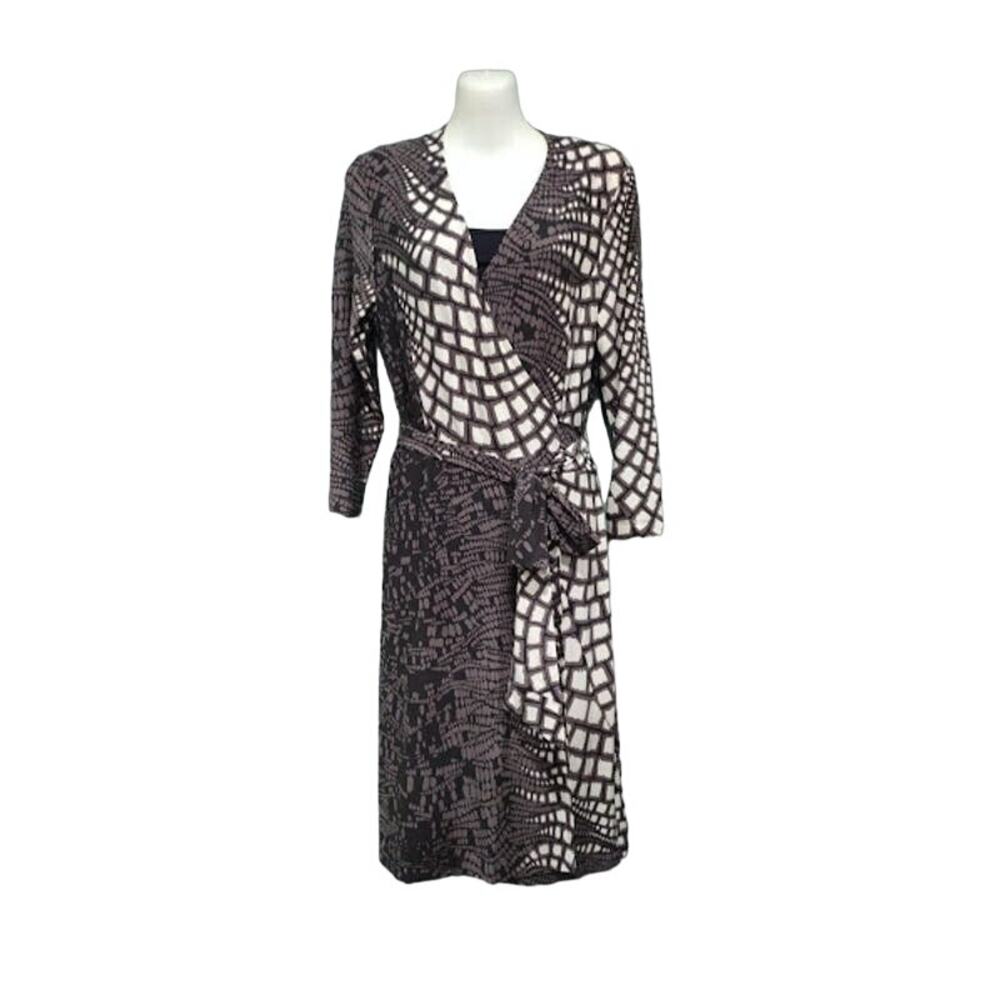 Etcetera Wrap Dress with 3/4 Sleeves Taupe, Brown‎ and Cream, Sz 6